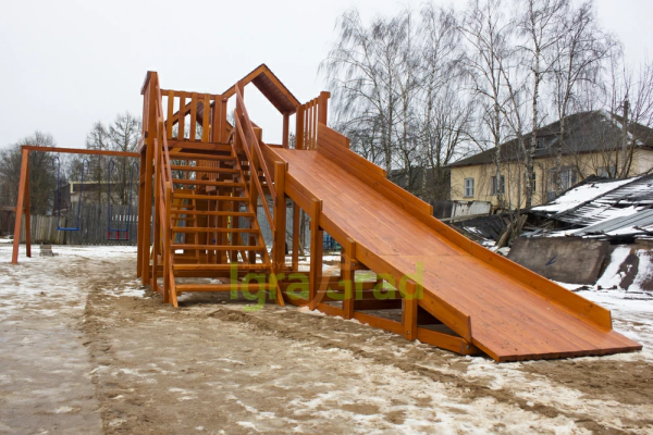 Детская деревянная зимняя горка IgraGrad Snow Fox 5,9 м + Панда Фани Gride